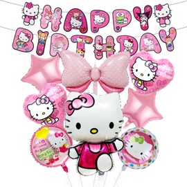 8 Pcs Kity Birthday Decorations, Cat Birthday Foil Balloons with Banner, Party Decorations for Girls Kids