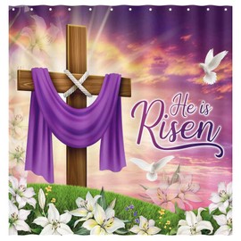 ZTHMOE Easter He is Risen Shower Curtain for Bathroom Spring Christian Cross Lily Jesus Bathtubs Home Decorations Sets Waterproof Polyester with 12 Hooks 72'' x 72''