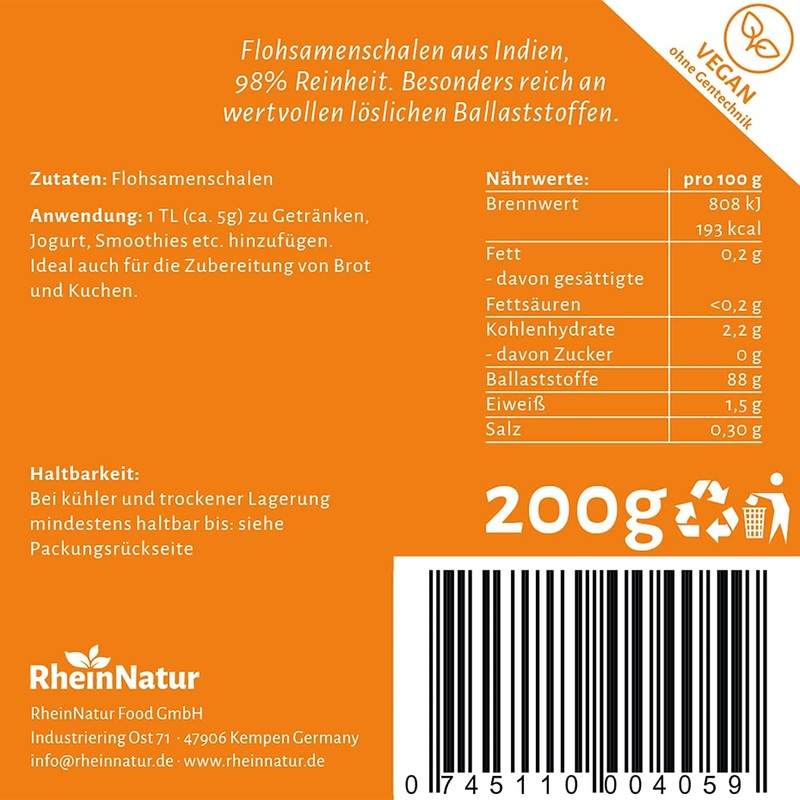 RheinNatur Psyllium Husks 200 g - Finely Ground Powder to