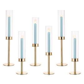 Inweder Hurricane Taper Candle Holders: Gold Glass Candlestick Holder Tall Candle Sticks Holder Decor with Glass Cover for Wedding Table Centerpiece Party Birthday Christmas Home Mantel Set of 6