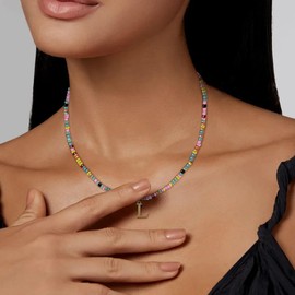 Yifnny Colorful Beaded Initial Necklaces, Letter Pendant Summer Beach Necklace Boho 18K Gold Plated Jewelry Gold Initial Rainbow Beaded Necklace Colorful Beaded Choker for Women (L)