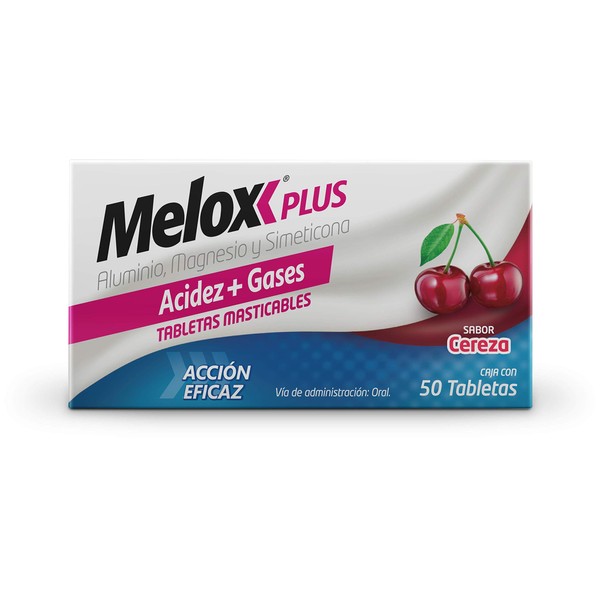 Melox Plus Cereza antiácido y Antigas Tabletas 50 Cuentas