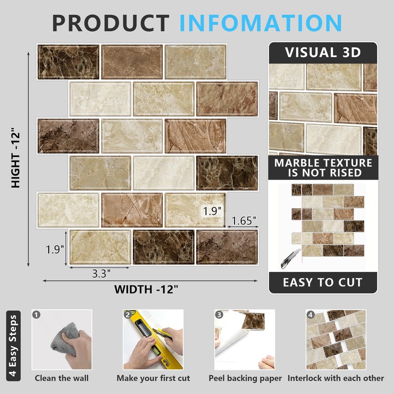 URCOLOR 10-Sheet Peel and Stick Backsplash Subway Tile for Kitchen,12"x12"