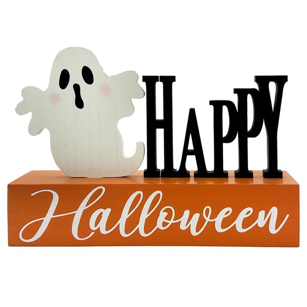 Halloween Decorations Indoor Happy Halloween Sign Ghost Wooden Block Rustic