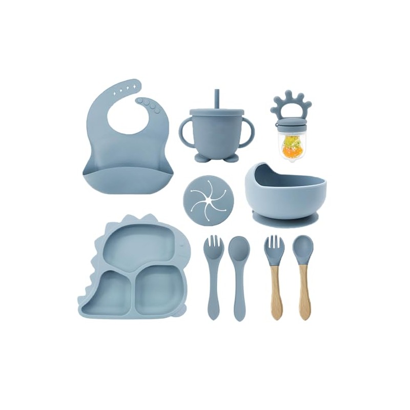 10PCS Silicona Bebé Alimentación Set, Plato De Dinosaurios Para Bebés