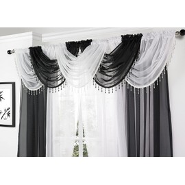 Maple Textiles Voile Curtain Swag with Crystal Beaded Trim (Black Swag)