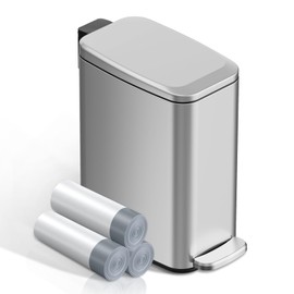 KSSKSS Small Bathroom Trash Can with Lid Soft Close, Step Pedal, 6L / 1.6 Gal Stainless Steel Garbage Bin with Removable Inner Bucket, Slim Wastebasket for Narrow Spaces (Silver)