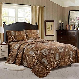 WPM 4 Piece Animal Print Sheet Set, Chocolate Brown Leopard Zebra Giraffe Jungle Forest Theme Flat Fitted Sheets with Pillow Sham Queen Size Bedding- Safari Design (Brown, Queen)