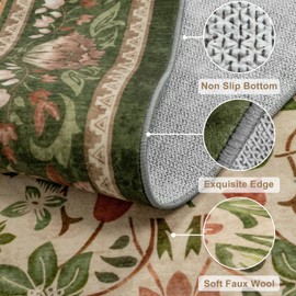 Rugalia Vintage Floral 5x7 Area Rug, Soft Washable Boho Rugs for Living Room Low Pile Non-Slip Flower Birds Bedroom Rug, Olive Green Botanical Indoor Carpet for Nursery Playroom Dining Room