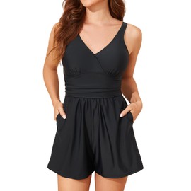 Smismivo Swim Rompers for Women Tummy Control Swimsuits with Shorts Modest One Piece Slimming Long Torso Bathing Suits with Built in Bra and Pockets Full Coverage V Neck Swimwear 2025 Black