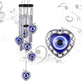 Blue Evil Eye Heart-Shaped Wind Chimes Outdoor Decor, Mobile Evil Eye Windcatcher, Heart Evil Eye Wind Bells, Blue Evil Eye Amulet Wind Chimes for Home, Gift for Mom, Balcony, Patio, Garden Decoration