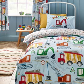 Catherine Lansfield Kids Digger Dreams Reversible Junior Duvet Cover Set with Pillowcase Blue