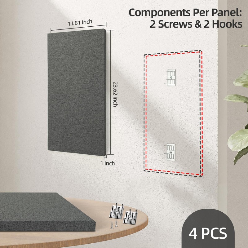 Art3dwallpanels 4 PCS Acoustic Panels, 24''x12'' Fabric Soundproof Wall Panels,