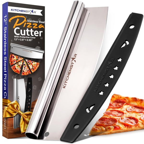 KitchenStar 12 inch Pizza Cutter | Sharp Stainless Steel Slicer Knife - Rocker Style w Blade Cover | Chop and Slices Perfect Portions + Dishwasher Safe Premium Pizza Oven Accessories