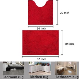 Flotstiga Bathroom Rugs Chenille, Extra Thick and Absorbent, Non-Slip, Machine Washable, Dry Quckily, Soft Cozy Plush, Used Under Shower Bathtub and Sink, Bath mat Sets 5050U+5080 red