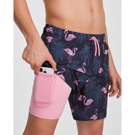 MaaMgic Mens Swim Trunks with Compression Liner 2 in 1 Swimming Shorts Stretch 7" Swimwear Quick Dry Bathing Suits,Flamingo Palms,Medium