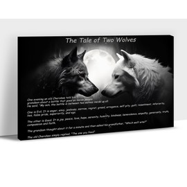 ANRUOXI The Tale of Two Wolves Wall Art Canvas Framed - Motivational Quotes Wolf Pictures Wall Decor for Bedroom, Black and White Wolf Wall Art Canvas Print Ready To Hang 18x24inches