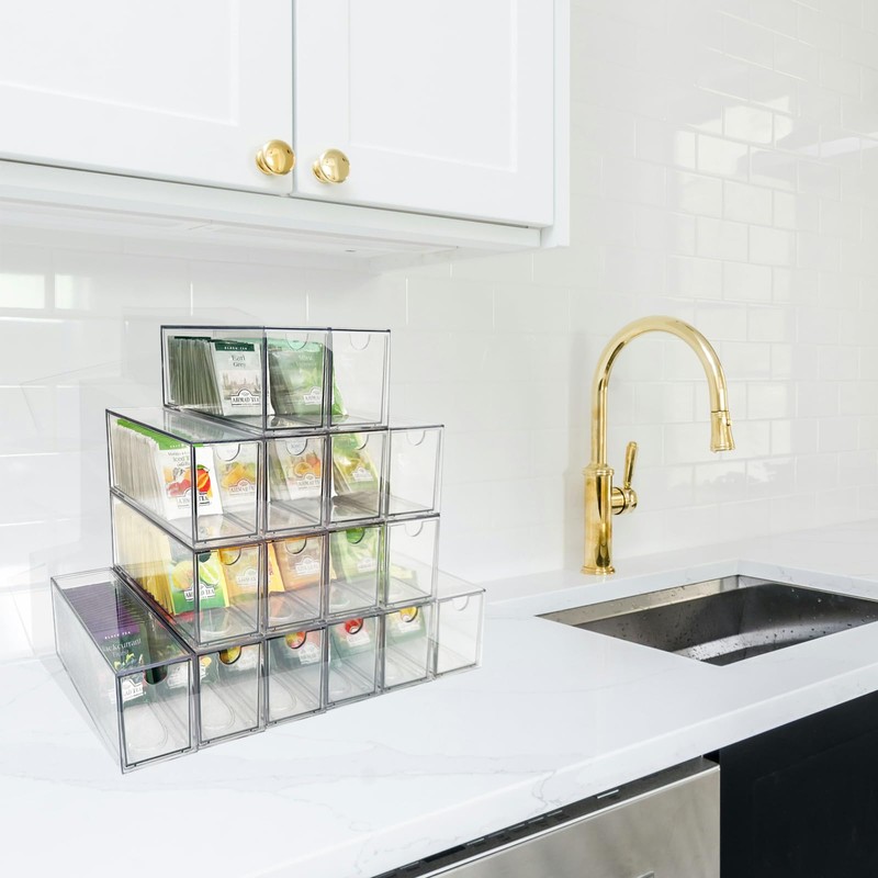 AZEZO 16-Pack Tea Bag Drawers Organizer - 16 Clear Plastic