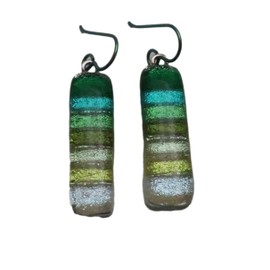 Sparkly Long Fused Pale to Emerald Green Dichroic Glass Niobium Earrings N266