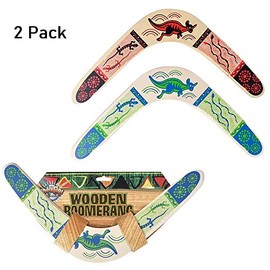 Zugar Land 2 Pack of Wooden Boomerang for Kids (14.5") Red and Green. Australian National Aboriginal Design. Kenguru Lizard Snake Print.