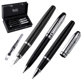 MARK®TWAIN 1346303 Writing Set Twist Ballpoint Pen, Fountain Pen (Refillable Refill) and Rollerball Pen 3-Piece Made of Metal with Laser Engraving Black Design Gift Box for Birthday