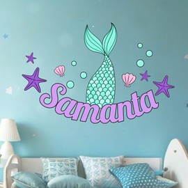 Custom Name Mermaid Tail Wall Decal - WM1026. Custom Name Removable Nursery Wall Decal for Girl - Clouds Moon Stars Mural Wall Decal for Girls Bedroom