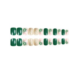 Christmas Press on Nails Short Square Winter Fake Nails Dark Green Full Cover Holly False Nails with Designs Gold Glitter Glossy Glue on Nails Acrylic Nails Manicure Artificial Nails for Women Girls