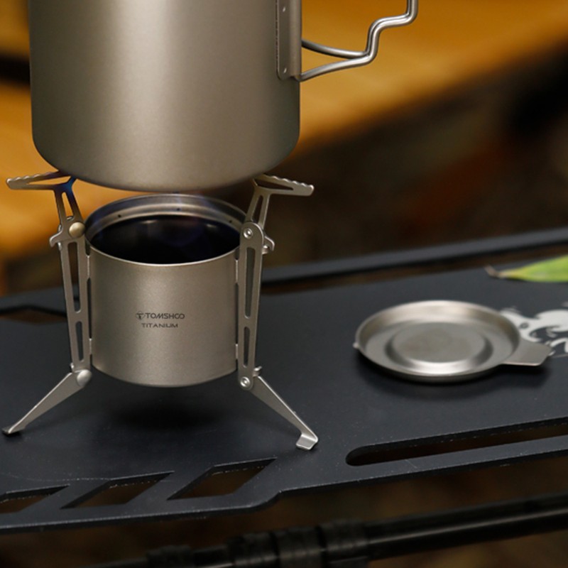 TOMSHOO Titanium Alcohol Stove with Lid Foldable Legs and Pot