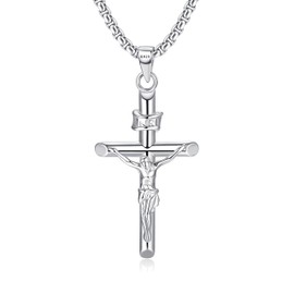 MILACOLATO 925 Sterling Silver Crucifix Necklace for Men Women, 2mm Sterling Silver Rolo Chain Small Crucifix Pendant, Jesus Crucifix Cross Necklace 22 Inches Christian Religious Jewelry Gifts