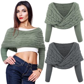 Geyoga 2 Pcs Scarf with Sleeves for Women Knitted Wrap Sweater Scarf with Sleeves Shrugs for Women Wrap Shawl (Dark Gray and Military Green)