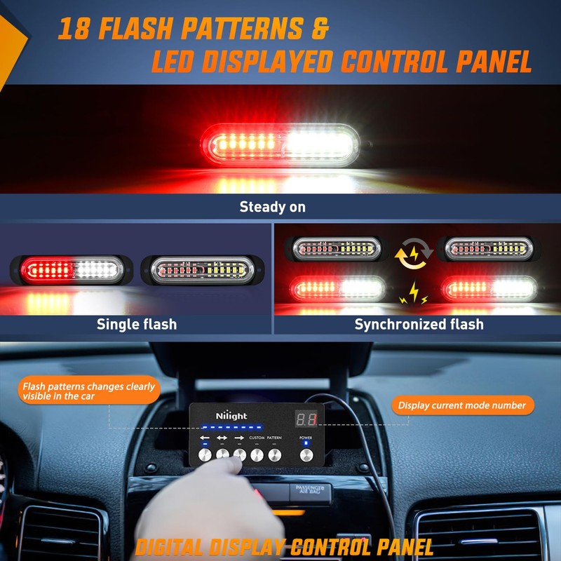 Nilight 8PCS Led Strobe Lights with Controller 12V 24V Sync