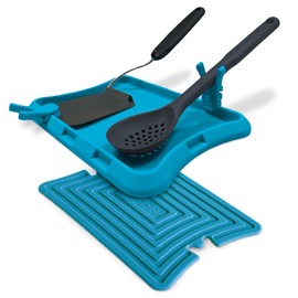 Blue Bosti Nottadrip Silicone Spoon Rest for Stove Top - Kitchen Spoon Rest for Countertop, Ladle Holder, All in 1 Serving Station, Elevate Handles, Drip to Tray, Mess Free - 3PC Set No Trivet - Blue