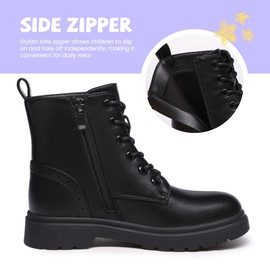 Athlefit Boys Girls Waterproof Combat Boots Lace Up Side Zipper Black Ankle Booties for Little Kid Size 1