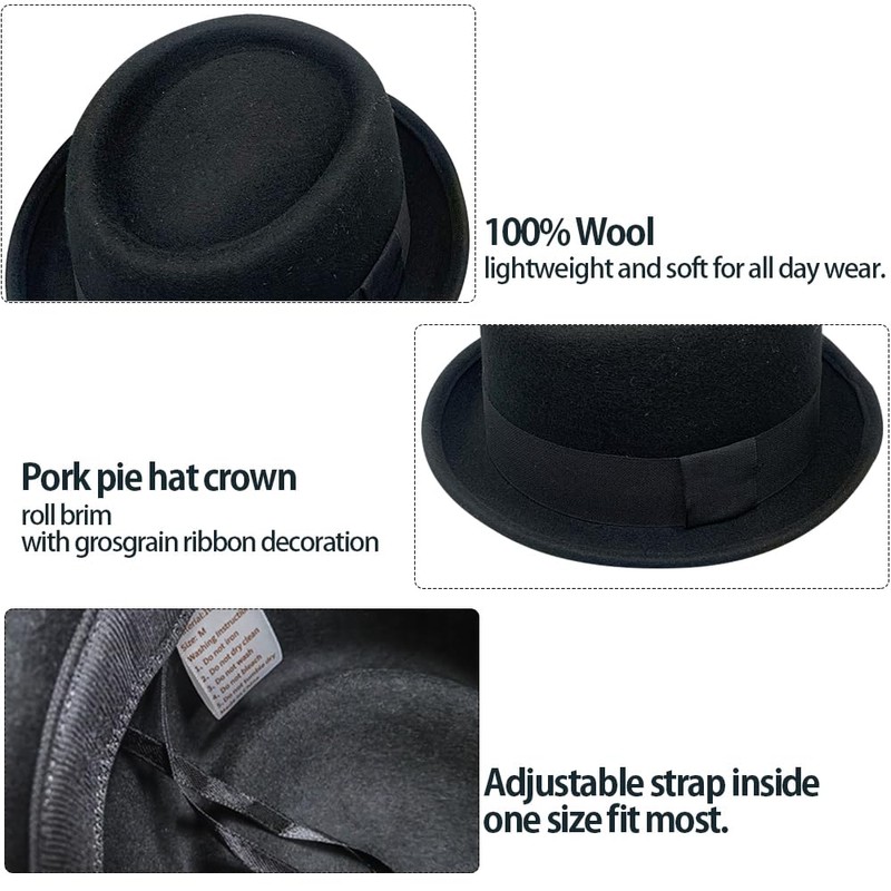Vikodah Pork Pie Hat Wool Felt Bowler Porkpie Boater Derby
