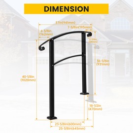 KUAFU Step Hand Rail Compatible with 2-3 Steps Handrails for Outdoor Steps Adjustable Steel Railing for Stairs Heavy Duty Black Powder Coated