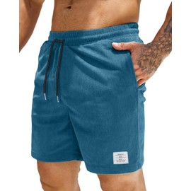 LVCBL Corduroy Men's Summer Shorts, Linen Lightweight Shorts with Pockets, blue, 3 XL