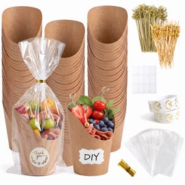 100 Set 12 oz Brown Kraft Charcuterie Cups with Sticks, Label & Bag
