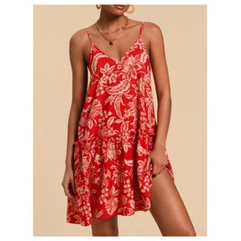 MakeMeChic Women's Floral V Neck Cami Dress Spaghetti Strap Ruffle Sleeveless Mini Dresses Sundress Red Large