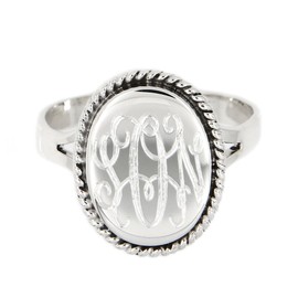 LGU Sterling Silver Polished Signet Oxidized Rope Edge Oval Ring with Engraving (6.5)