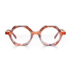eyebobs Paradox Premium Readers for Women and Men | Hexagonal Eye Glasses | Orange Pattern Front with Orange Crystal Temples | 0.00