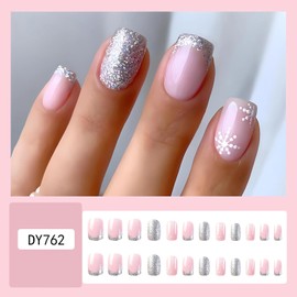 LPOODDNU Christmas French Tip Press on Nails Short, Square Shaped Glue on Nails White Snowflake Fake Nails with Glue Tabs Glossy Pink Christmas Nails Press ons for Women Girls DIY Nail Designs 24Pcs