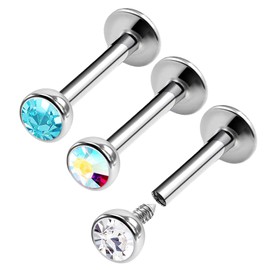 KJM Fashion 3 x Stainless Steel Labret Earrings 1.2 mm 16 g Crystal Ball, Crystal Metal
