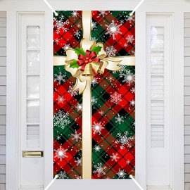 Ticuenicoa Christmas Gift Box Bowknot Door Cover Decoration Merry Xmas Red Green Grid Buffalo Plaids Snowflake Banner Porch Sign Hanging Banners for Front Door Outside Indoor Outdoor Party Decor