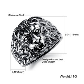 Paialco Men's Stainless Steel Lion Head Vintage Biker Ring Silver Black, Size: 9
