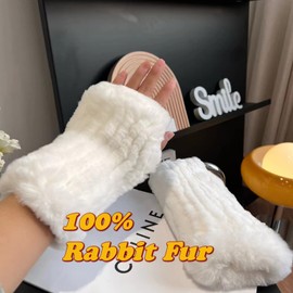 Lupidyyxun Real Rabbit Fur Gloves for Women Winter Furry Gloves Mittens Gloves Knitted Fingerless Gloves (Beige)