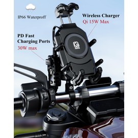 BRCOVAN Motorcycle Phone Mount Holder with Qi 15W Wireless Charger & 30W PD/USB-C Fast Charging Port, Anti-Theft Handlebar Cellphone Cradle with Vibration Dampener, Adjustable for 5.4-7.2'' Smartphone