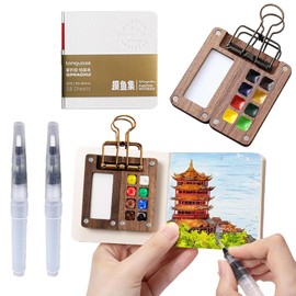 8 Grids Wood Travel Paint Palette Kit, Miniature Watercolor Painting Palette Kit, Wood Pocket Artist Watercolor Travel Set Portable Watercolor Palette Box Kit with Brush Clip Sketchbook(No pigment)