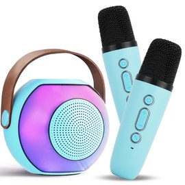 Aplsinvivi Mini Karaoke Machine, Portable Bluetooth Speaker with 2 Wireless Microphone, Microphone with 5 Voice Changing Effects & LED Light, Gifts for Girls Ages 4-12 +Year Old Birthday Party, Blue
