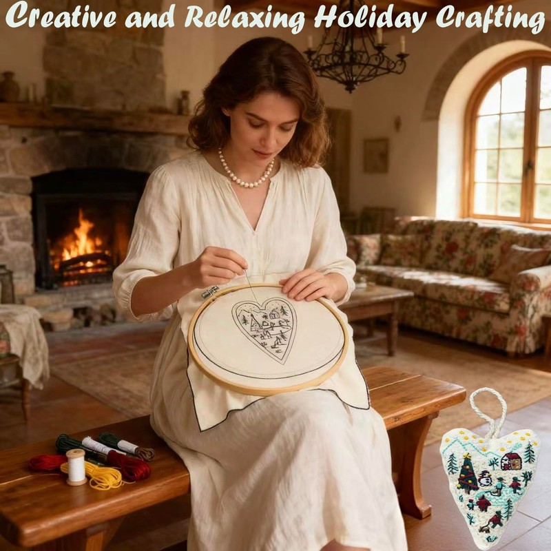 DIY Heart Shaped Hand Embroidered Christmas Ornament Kit Complete Craft