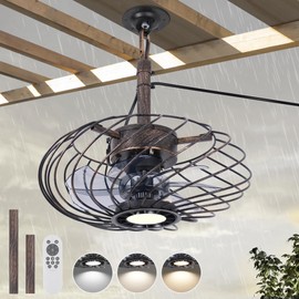 OSGNER 15" Outdoor Ceiling Fan with Light, Waterproof Gazebo Fan Remote Control, Dimmable LED Light, Hanging Black Caged Ceiling Fixtures with Plug in Cord for Patios Pergola, Black Gold